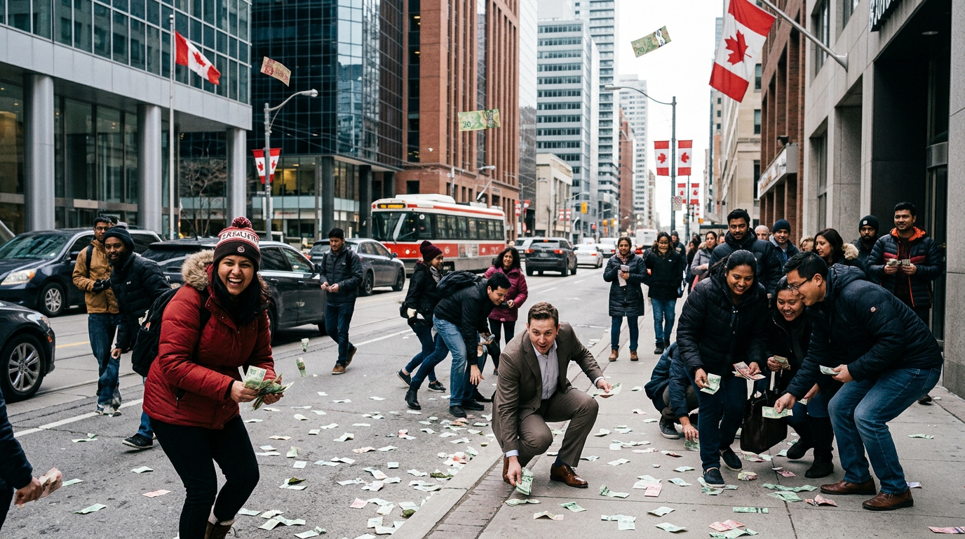 People on a Vancouver city street collecting bills that rained from above
